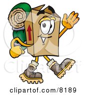 Cardboard Box Mascot Cartoon Character Hiking And Carrying A Backpack