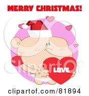 Royalty Free RF Clipart Illustration Of A Merry Christmas Greeting Of Cupid Wearing A Santa Hat And Holding A Heart Version 5