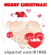 Poster, Art Print Of Merry Christmas Greeting Of Cupid Wearing A Santa Hat And Holding A Heart - Version 2