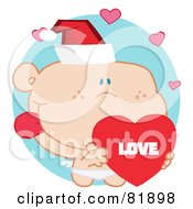 Poster, Art Print Of Christmas Cupid Wearing A Santa Hat And Holding A Heart - Version 6
