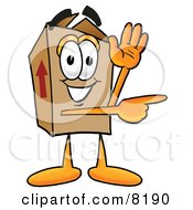 Cardboard Box Mascot Cartoon Character Waving And Pointing