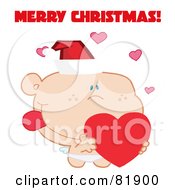 Poster, Art Print Of Merry Christmas Greeting Of Cupid Wearing A Santa Hat And Holding A Heart - Version 1
