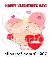 Royalty Free RF Clipart Illustration Of A Happy Valentines Day Greeting Of A Cupid Holding A Heart Version 2