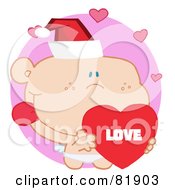 Poster, Art Print Of Christmas Cupid Wearing A Santa Hat And Holding A Heart - Version 4