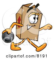 Cardboard Box Mascot Cartoon Character Holding A Bowling Ball