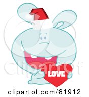 Poster, Art Print Of Blue Christmas Bunny Wearing A Santa Hat And Holding A Love Heart