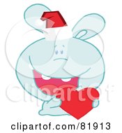 Poster, Art Print Of Blue Christmas Bunny Wearing A Santa Hat And Holding A Heart