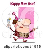Happy New Year Greeting Of A Drunk Dancing Woman Holding Bubbly At A Party