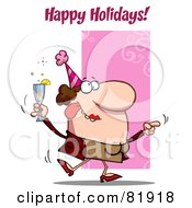 Happy Holidays Greeting Of A Drunk Dancing Woman Holding Bubbly At A Party