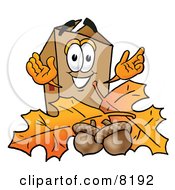 Cardboard Box Mascot Cartoon Character With Autumn Leaves And Acorns In The Fall