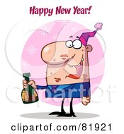 Poster, Art Print Of Happy New Year Greeting Of A Man Covered In Lipstick Kisses Drinking At A New Years Party - Version 2
