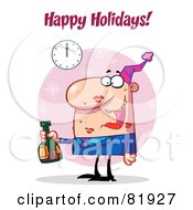 Poster, Art Print Of Happy Holidays Greeting Of A Man Covered In Lipstick Kisses Drinking At A New Years Party