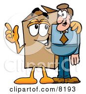 Cardboard Box Mascot Cartoon Character Talking To A Business Man