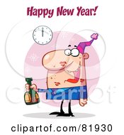 Poster, Art Print Of Happy New Year Greeting Of A Man Covered In Lipstick Kisses Drinking At A New Years Party - Version 4
