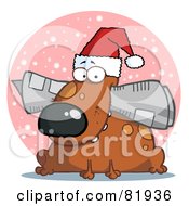 Poster, Art Print Of Dog Wearing A Santa Hat And Chewing On A Newspaper In Front Of A Pink Snowy Circle