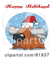 Poster, Art Print Of Happy Holidays Greeting Of A Christmas Dog Chewing On A Newspaper