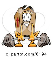 Cardboard Box Mascot Cartoon Character Lifting A Heavy Barbell
