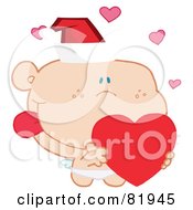 Poster, Art Print Of Christmas Cupid Wearing A Santa Hat And Holding A Heart - Version 1