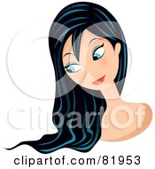 Poster, Art Print Of Blue Eyed Black Haired Woman Looking Down At Her Long Hair