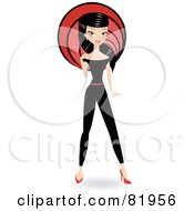 Royalty Free RF Clipart Illustration Of A Stylish Black Haired Woman In A Retro Black Jumpsuit In Front Of A Red Circle