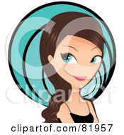 Royalty Free RF Clipart Illustration Of A Blue Eyed Brunette Woman Looking Up To The Left Over Her Shoulder In Front Of A Blue Circle