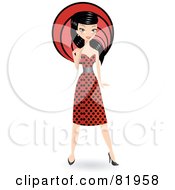 Royalty Free RF Clipart Illustration Of A Stylish Black Haired Woman In A Retro Polka Dot Dress In Front Of A Red Circle by Melisende Vector