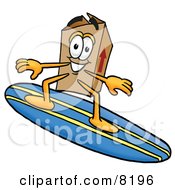 Poster, Art Print Of Cardboard Box Mascot Cartoon Character Surfing On A Blue And Yellow Surfboard