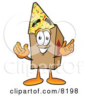 Cardboard Box Mascot Cartoon Character Wearing A Birthday Party Hat