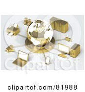 3d White And Gold Globe Circled By A Printer Speakers Servers Computers Cameras Mp3 Players Laptops And Handy Cams