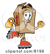 Cardboard Box Mascot Cartoon Character Roller Blading On Inline Skates