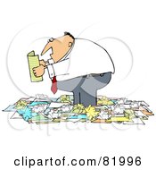 Chubby Businessman Standing In A Pile Of Crumpled Papers And Reading