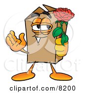 Cardboard Box Mascot Cartoon Character Holding A Red Rose On Valentines Day
