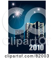 New Year Background Of 2010 Over Urban Buildings On Blue With Fireworks