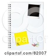 Instant Polaroid Photo Picture On A Notepad With A Sticky Note And Paperclips