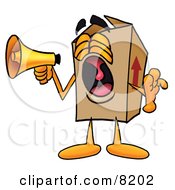 Cardboard Box Mascot Cartoon Character Screaming Into A Megaphone