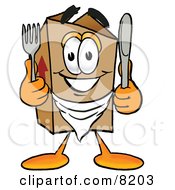 Cardboard Box Mascot Cartoon Character Holding A Knife And Fork