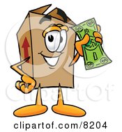 Cardboard Box Mascot Cartoon Character Holding A Dollar Bill