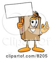 Cardboard Box Mascot Cartoon Character Holding A Blank Sign
