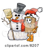 Cardboard Box Mascot Cartoon Character With A Snowman On Christmas