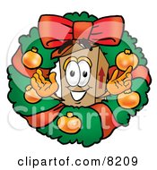 Cardboard Box Mascot Cartoon Character In The Center Of A Christmas Wreath
