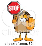 Cardboard Box Mascot Cartoon Character Holding A Stop Sign