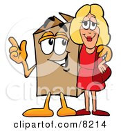 Poster, Art Print Of Cardboard Box Mascot Cartoon Character Talking To A Pretty Blond Woman