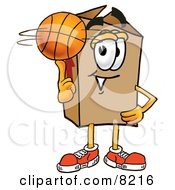 Poster, Art Print Of Cardboard Box Mascot Cartoon Character Spinning A Basketball On His Finger