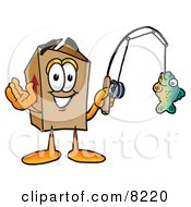 Cardboard Box Mascot Cartoon Character Holding A Fish On A Fishing Pole