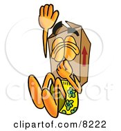 Cardboard Box Mascot Cartoon Character Plugging His Nose While Jumping Into Water by Toons4Biz