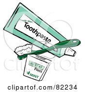 Green Toothbrush And Tube Of Toothpaste With Dental Floss