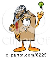 Cardboard Box Mascot Cartoon Character Preparing To Hit A Tennis Ball