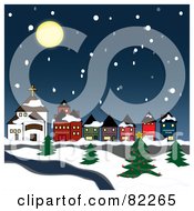 Poster, Art Print Of Moon Over A Snowy Winter Village On A River