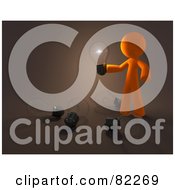 Royalty Free RF Clipart Illustration Of A 3d Orange Design Mascot Man Holding An Illuminated Bulb Over Bulbs On The Floor by Leo Blanchette