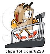 Cardboard Box Mascot Cartoon Character Walking On A Treadmill In A Fitness Gym